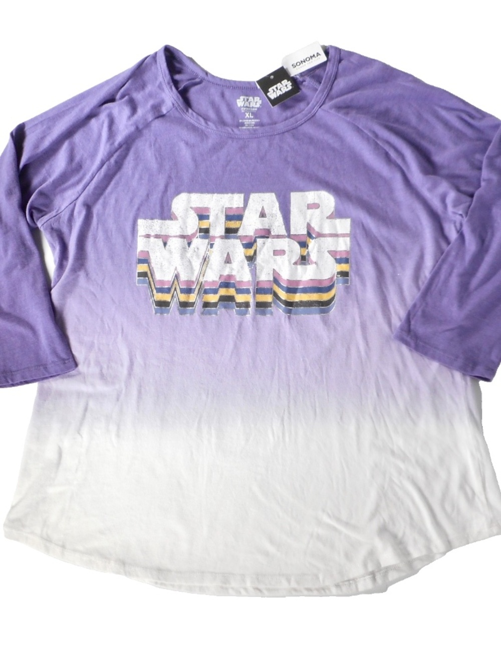 Disney Star Wars Sonoma White Purple Womens XL Tunic T-shirt Raglan 3/4 Sleeve